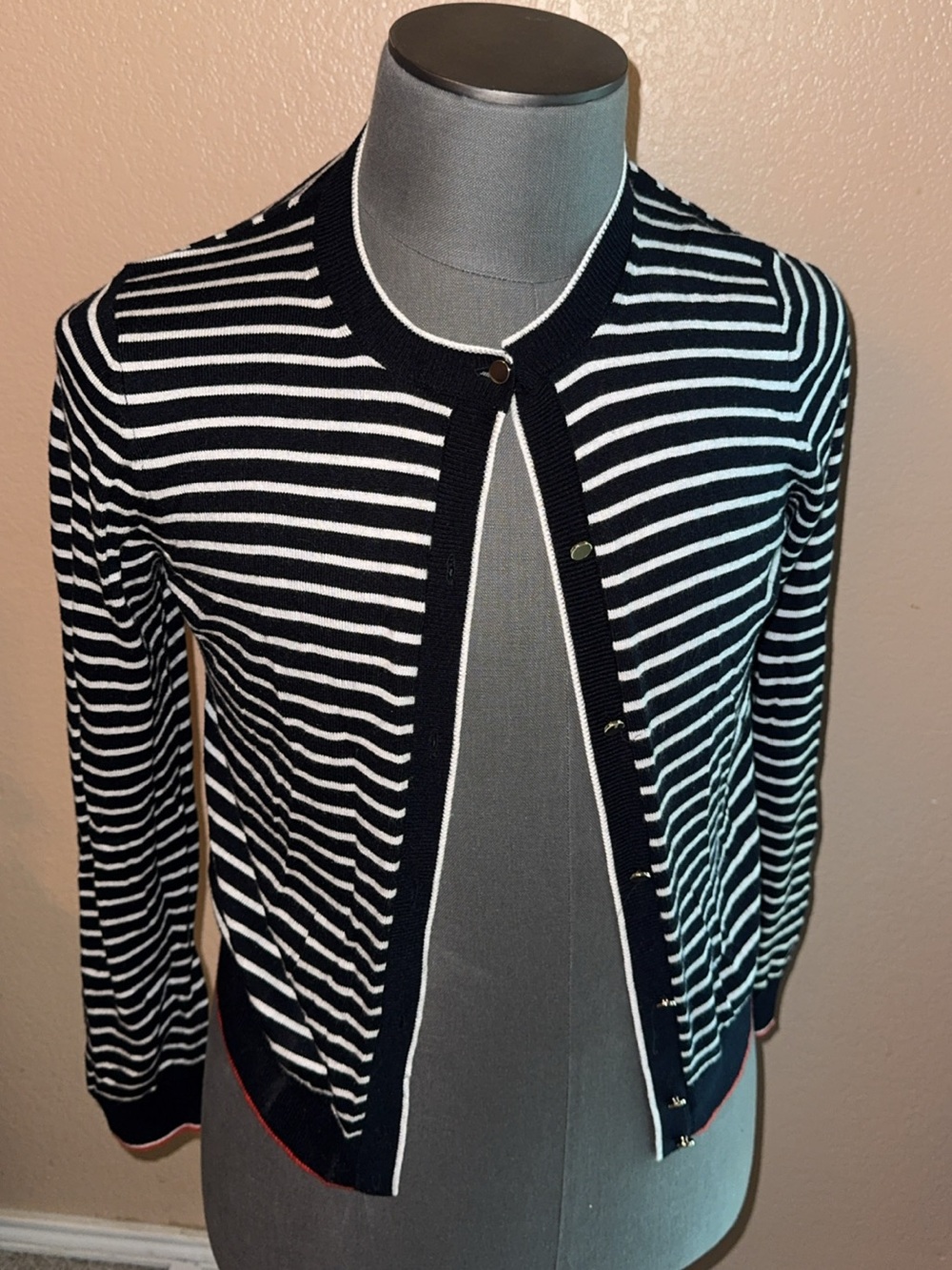 Ann Taylor Striped Black and White Crewneck Cardigan Sweater